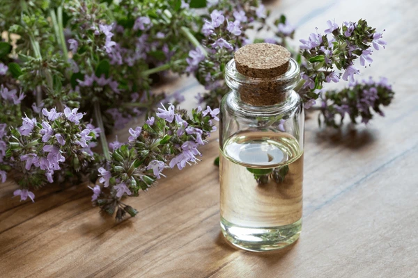 A small glass bottle with a cork stopper containing a clear auto draft liquid, placed next to blooming thyme herbs on a wooden surface.