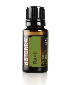 A bottle of Basil Essential Oil Antibacterial - 15ml, featuring a black cap and a label displaying the product name and botanical name 