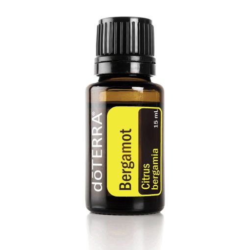 A bottle of Natural Citrus Bergamot essential oil, size 15 ml, isolated on a white background, renowned as one of the best essential oils.