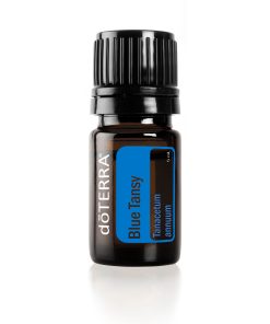 A bottle of Blue Tansy Essential Oil on a white background.