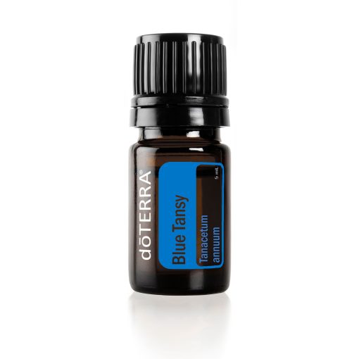 A bottle of Blue Tansy Essential Oil on a white background.