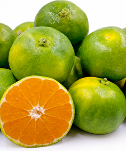 A pile of fresh green oranges with one cut in half, showcasing the orange interior and the aromatic essence reminiscent of Green Mandarin Unique Essential Oil 15ml.