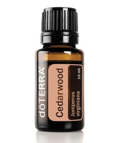 A 15 ml bottle of Cedarwood (Juniperus Virginiana) organic essential oil, featuring a brown label and black cap, isolated on a white background.
