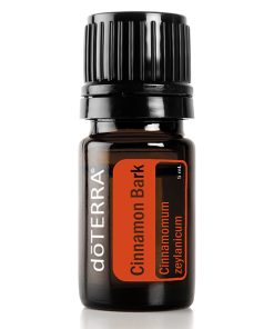 A small, 5ml amber glass bottle of Cinnamon Bark Essential Oil Antibacterial with a black cap, labeled clearly with the product name and botanical name 'Cinnamomum zeylanicum'.