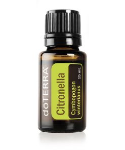 A small, amber glass bottle with a black cap labeled "Organic Citronella Essential Oil - 15ml" containing 15 ml of essential oil, isolated on a white background.