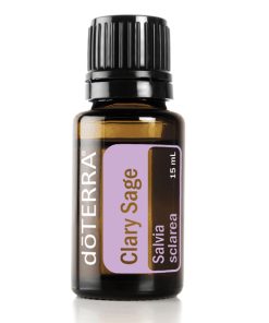 A small bottle of Clary Sage Essential Oil | 100% Pure Essential Oil 15 ml, with a purple label indicating its volume. The bottle is made of amber glass with a black cap.