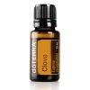 A 15 ml bottle of Clove Essential Oil - 100% Pure & Natural - Undiluted, labeled clearly with its botanical names, on a pure white background. The bottle has a black cap and an orange label.