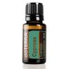 A bottle of Cypress Essential Oil - 100% Pure & Natural - Undiluted 15ml, prominently displaying the brand and product name. The clear label reveals the botanical name 'Cupressus sempervirens'