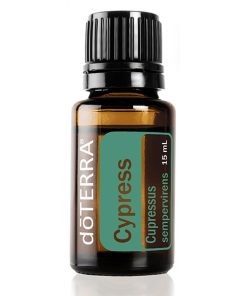 A bottle of Cypress Essential Oil - 100% Pure & Natural - Undiluted 15ml, prominently displaying the brand and product name. The clear label reveals the botanical name 'Cupressus sempervirens'