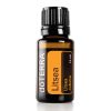 A small bottle of Pure Litsea Cubeba Essential Oil - 15 ml, labeled clearly with the product name and brand. The 15 ml bottle features a black cap and a predominantly yellow and black design.