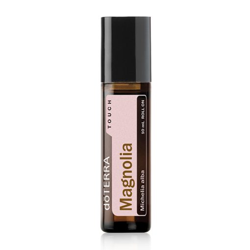 A 10 mL bottle of Magnolia Touch Essential Oil - 10 mL - Roll On, displaying a sleek design with a clear label and black cap, isolated on a white background.