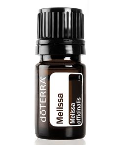A 5 ml bottle of Melissa Lemon Balm Pure Essential Oil with a black cap and clear label showing the product name on a white background.