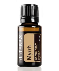 A bottle of Myrrh Versatile Essential Oil, labeled clearly with its content. The essential oil is in a 15 ml dark amber bottle with a black cap, set against a white background.