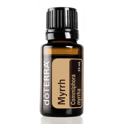 A bottle of Myrrh Versatile Essential Oil, labeled clearly with its content. The essential oil is in a 15 ml dark amber bottle with a black cap, set against a white background.
