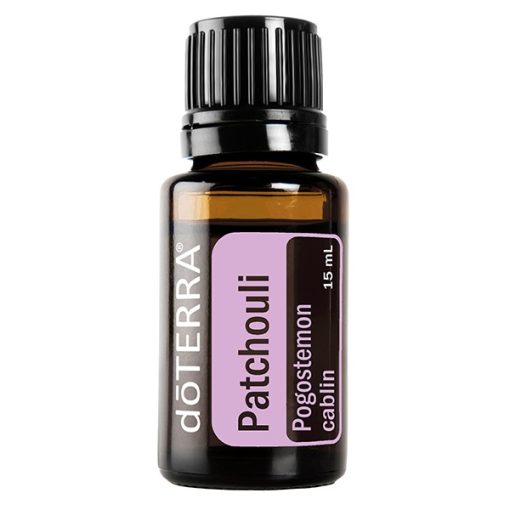 A 100% Pure Patchouli Oil - 15 ml bottle, labeled clearly with purple and white accents on a black cap, against a white background.