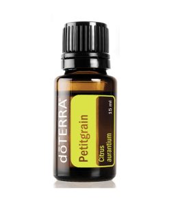 A bottle of 100% Pure Petitgrain Essential Oil, 15 ml, displayed against a white background. The label is yellow with black and white text.