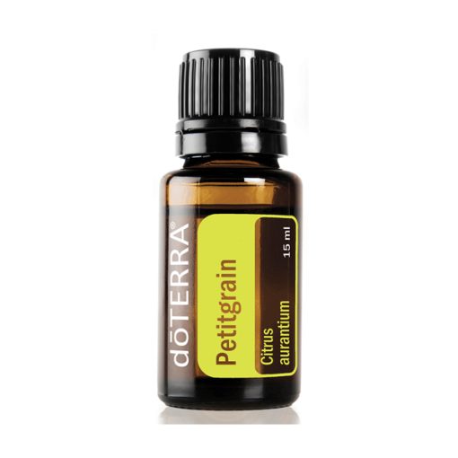 A bottle of 100% Pure Petitgrain Essential Oil, 15 ml, displayed against a white background. The label is yellow with black and white text.