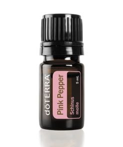 A small, black doterra essential oil bottle labeled "Pink Pepper Essential Aromatic Oil" with a 5 ml capacity, set against a white background, contains 100% pure aromatic oil.