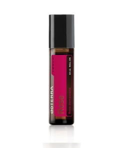 A roller bottle of Rose Touch Essential Fragrance Oil 10 ml - Roller with a black cap on a white background. The label is pink with white text that includes the product name and details.