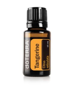 A small glass bottle of Tangerine Essential Oil, 100% Pure & Natural, labeled clearly with an amber and black design, isolated on a white background. The bottle contains 15 ml.