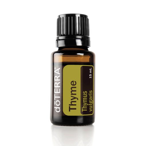 A bottle of Thyme Essential Oil, 100% Pure Thyme Oil for Humidifier, Massage, Sleep, Bath, SPA, Skin & Hair Care-15ml, with a black cap and a green and yellow label featuring the brand and product name. The bottle is set against a