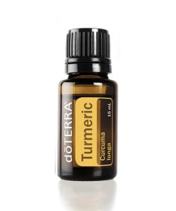 A small bottle of Turmeric Essential Oil for aromatherapy, labeled clearly, against a pure white background. The bottle is amber-colored with a black cap, holding 15 ml of oil.