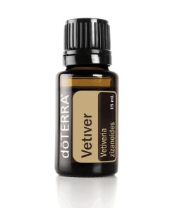 A small, brown glass bottle of Vetiver Essential Oil for Sharp Focus | Perfect for Aromatherapy, Better Sleep & Pain Relief- 15ml with a black cap, designed for aromatherapy use. It is labeled clearly with the product name and the botanical name