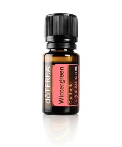 A small brown glass bottle of Wintergreen Oil | 100% Pure Essential Oil - 15ml with a black cap and pink label, isolated on a white background.