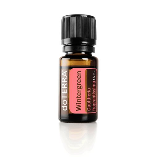 A small brown glass bottle of Wintergreen Oil | 100% Pure Essential Oil - 15ml with a black cap and pink label, isolated on a white background.