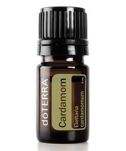 A 5 ml bottle of Cardamom (Elettaria Cardamomum) Essential Oil, featuring a black cap and label on a clear background. The label displays the product name and botanical name 'Elettaria