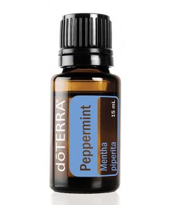 A small, clear glass bottle of 100% pure Peppermint essential oil, labeled with a blue and white design, containing 15 ml of liquid, isolated on a white background