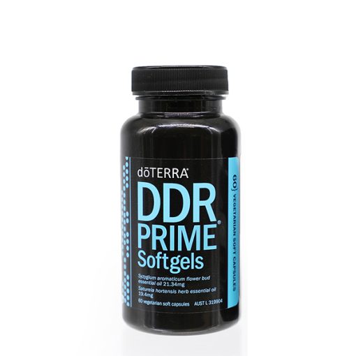 A black bottle of doTERRA DDR Prime softgels, standing against a white background. The label indicates EarthSun Essentials oil supplements in vegetarian soft capsules.