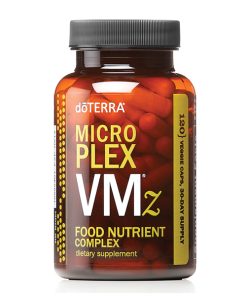 A jar of doTERRA Micro Plex VMz dietary supplements. The label states it contains 120 vegan capsules of a food nutrient complex. The background is white, highlighting the orange and brown tones
