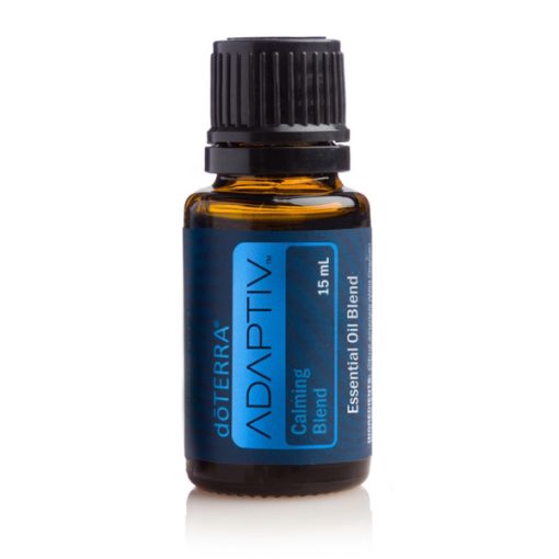 A small 15 ml glass bottle of Earthsun Essentials doterra adaptiv calming essential oil blend, labeled in blue and black, isolated on a white background.