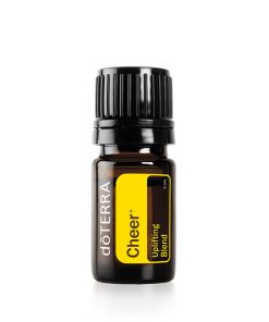 A small, dark amber glass bottle of doterra cheer essential oil blend with a black cap, featuring a yellow label with black and white text. The bottle contains one of the best essential oils and is