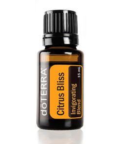 A small, amber glass bottle of Earthsun Essentials citrus bliss essential oil blend, featuring a black cap and a label that displays the product name in white and orange text, isolated against a white background.