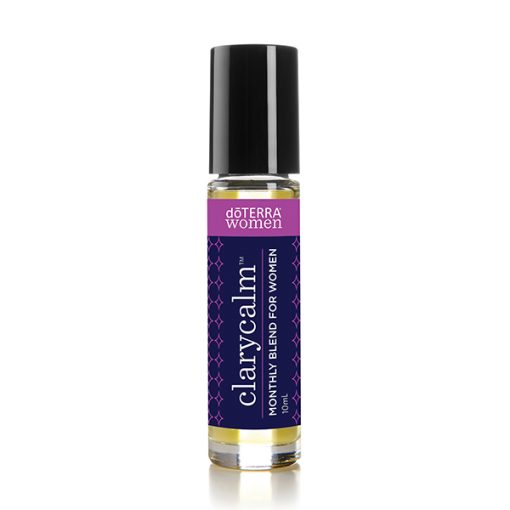 A bottle of Earthsun Essentials clarycalm essential oil blend for women, featuring a purple and yellow label, isolated on a white background.