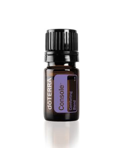 A small bottle of doterra console essential oil blend, featuring a dark amber glass container with a black cap and a purple label. The bottle contains rose oil and is set against a white background.
