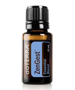 A small brown glass bottle of doterra zengest essential oil blend, labeled clearly in white and blue, standing against a solid white background, is one of the best essential oils.