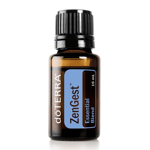 A small brown glass bottle of doterra zengest essential oil blend, labeled clearly in white and blue, standing against a solid white background, is one of the best essential oils.