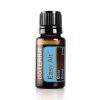 A small bottle of Earthsun Essentials easy air essential oil blend with a black cap, labeled clearly in blue and orange on a reflective white background.