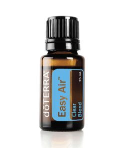 A small bottle of Earthsun Essentials easy air essential oil blend with a black cap, labeled clearly in blue and orange on a reflective white background.