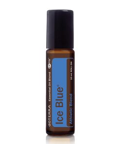 A bottle of doTERRA Ice Blue best essential oils blend, labeled "athletic blend," against a white background. The container is dark amber with a black cap and blue label.