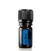 A small bottle of doTERRA Ice Blue essential oil blend, featuring a dark brown glass with a black cap and a blue label, isolated on a white background.