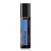 A roll-on bottle of doterra ice blue athletic blend essential oil, featuring a clear label with blue and black text, against a white background from Earthsun Essentials.