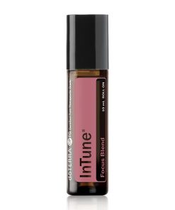 A bottle of Earthsun Essentials Intune Focus Blend essential oil with a black cap, displayed against a white background. The label is partially visible, showing the pink liquid inside the 10 ml roller bottle