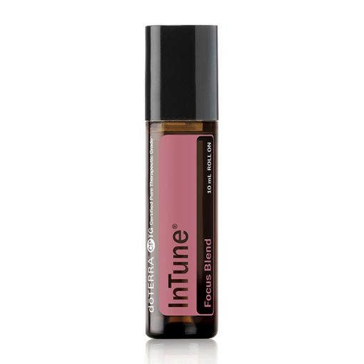 A bottle of Earthsun Essentials Intune Focus Blend essential oil with a black cap, displayed against a white background. The label is partially visible, showing the pink liquid inside the 10 ml roller bottle