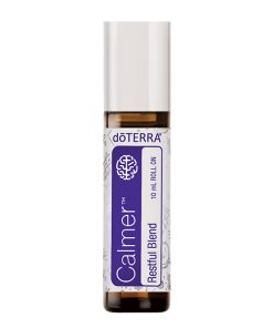 A bottle of earthsun essentials calmer restful blend essential oil in a 10 ml roll-on applicator, featuring a white label with purple and green floral designs.