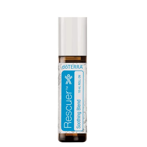 A bottle of doTERRA rescuer soothing blend roll-on essential oil, featuring a clear container with a white cap and labeled with blue and white designs, contains one of the best essential oils for