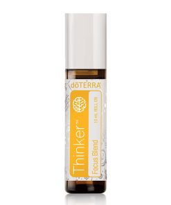 A bottle of doterra essential oils, thinker focus blend, in a 10 ml roll-on applicator, displayed against a white background.